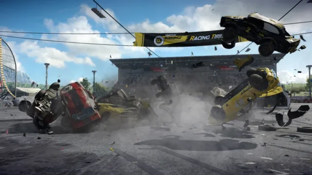 Wreckfest — PC screenshot: Cars being launched during a crash