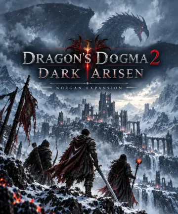 Dragon's Dogma 2 Dark Arisen artwork featuring a giant dragon above a snowy fortress, with the Arisen and two companions in the foreground.
