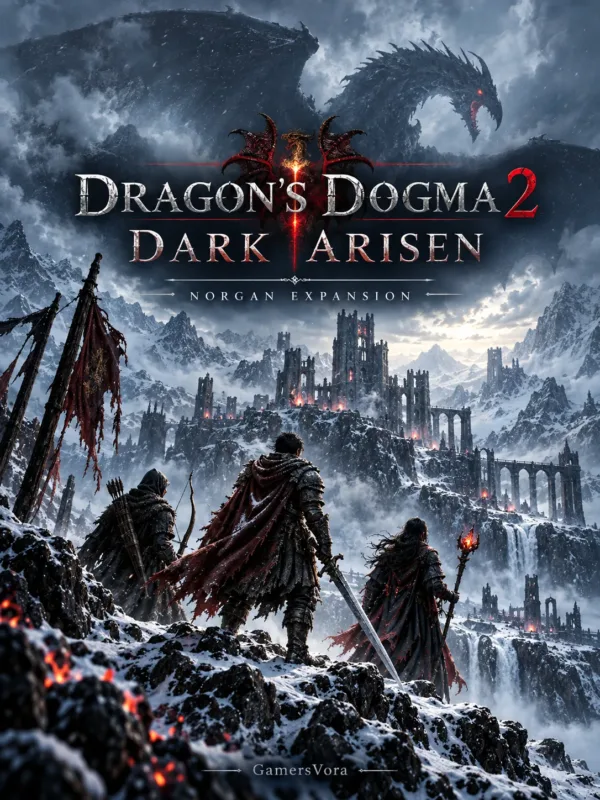 Dragon's Dogma 2 Dark Arisen artwork featuring a giant dragon above a snowy fortress, with the Arisen and two companions in the foreground.
