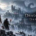 Dark fantasy artwork showing the Arisen and two companions overlooking Norgan's snowy fortress beneath a massive dragon in Dragon's Dogma 2: Dark Arisen.