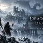 Dark fantasy artwork showing the Arisen and two companions overlooking Norgan's snowy fortress beneath a massive dragon in Dragon's Dogma 2: Dark Arisen.