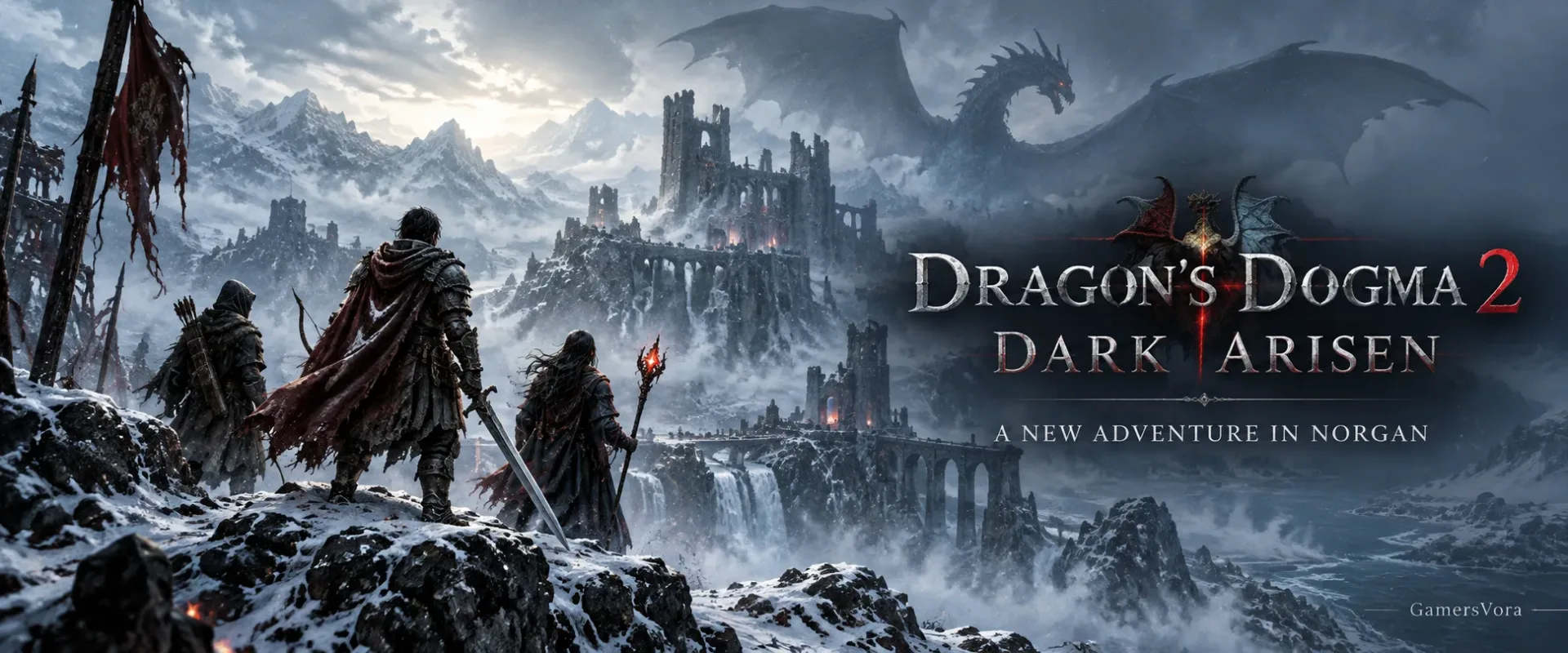 Dark fantasy artwork showing the Arisen and two companions overlooking Norgan's snowy fortress beneath a massive dragon in Dragon's Dogma 2: Dark Arisen.
