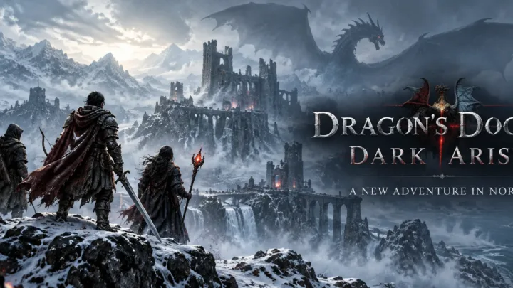 Dark fantasy artwork showing the Arisen and two companions overlooking Norgan's snowy fortress beneath a massive dragon in Dragon's Dogma 2: Dark Arisen.