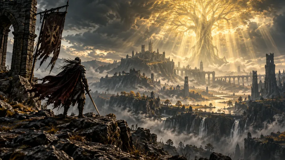Elden Ring inspired Tarnished overlooking the Lands Between with a huge glowing golden tree dominating the horizon.