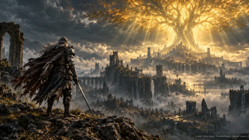 A lone armored Tarnished warrior overlooking a dark fantasy landscape beneath a massive glowing golden Erdtree, inspired by Elden Ring.