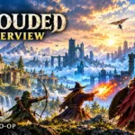 Enshrouded-inspired artwork showing four adventurers, a fortified settlement, and a creature emerging from blue mist