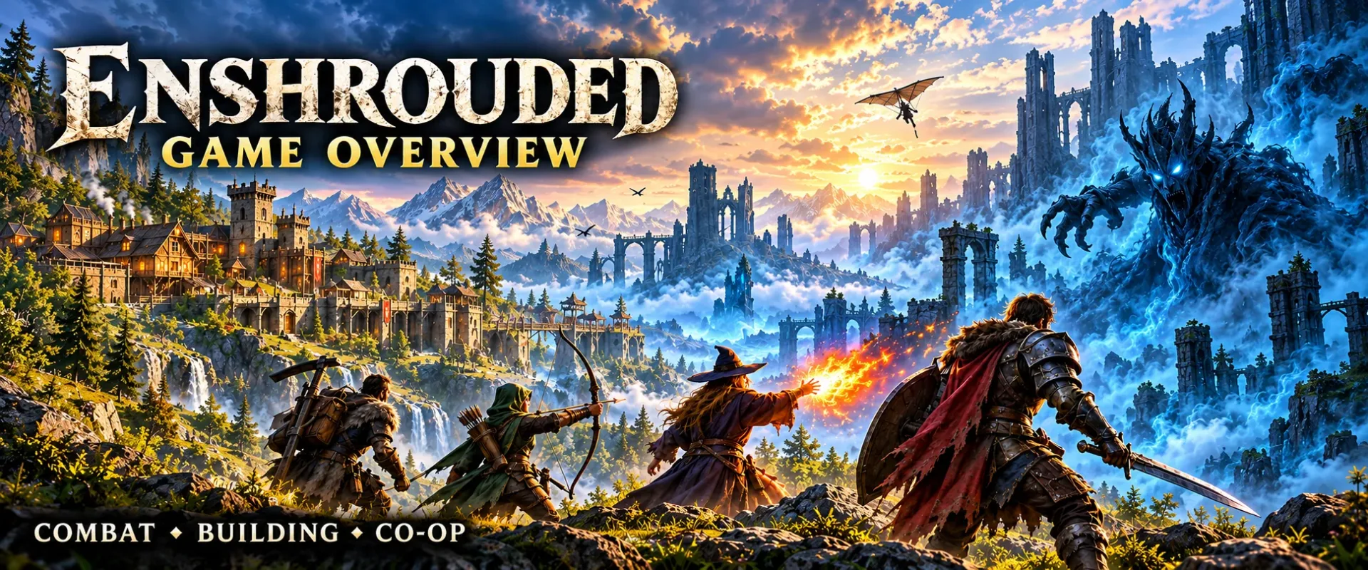Enshrouded-inspired artwork showing four adventurers, a fortified settlement, and a creature emerging from blue mist
