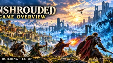 Enshrouded-inspired artwork showing four adventurers, a fortified settlement, and a creature emerging from blue mist