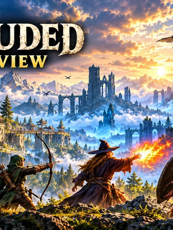 Enshrouded-inspired artwork showing four adventurers, a fortified settlement, and a creature emerging from blue mist