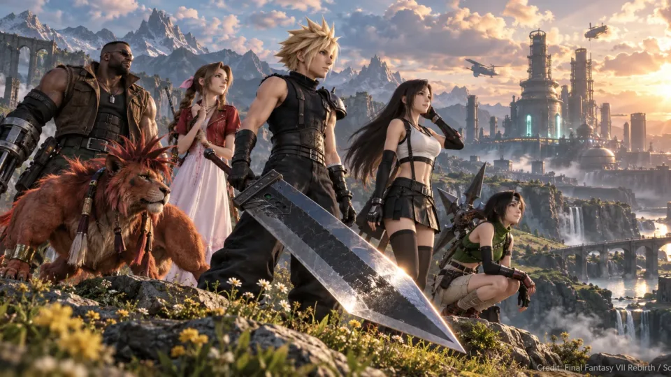 Cloud Strife, Tifa Lockhart, Aerith Gainsborough, Barret Wallace and other party members overlooking a vast fantasy landscape inspired by Final Fantasy VII Rebirth.