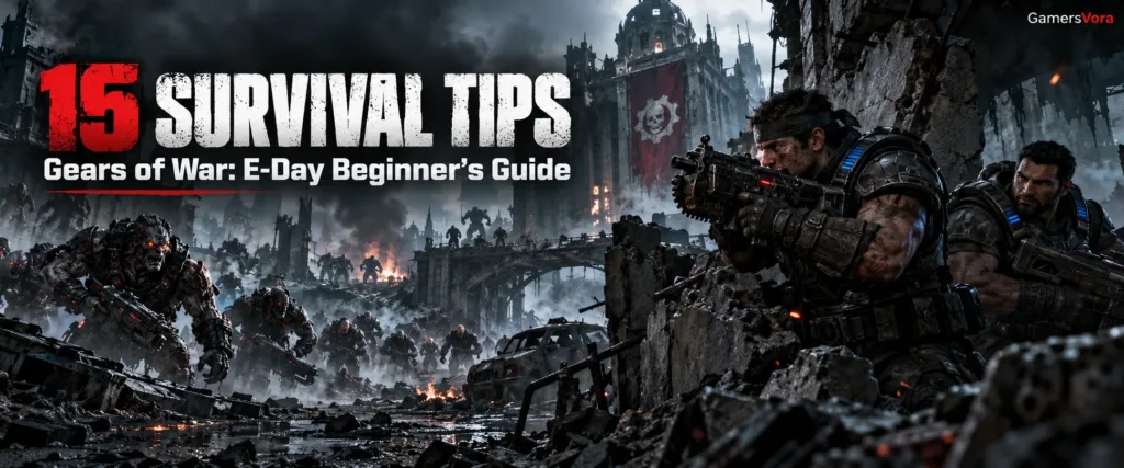 Marcus Fenix and Dom Santiago facing Locust enemies in a Gears of War E-Day beginner guide banner.