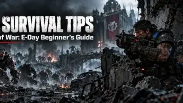 Marcus Fenix and Dom Santiago facing Locust enemies in a Gears of War E-Day beginner guide banner.
