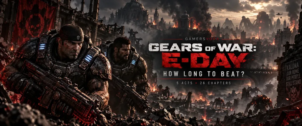 Marcus Fenix and Dom Santiago in Gears of War E-Day representing the campaign length and chapter guide.