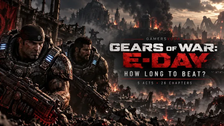 Marcus Fenix and Dom Santiago in Gears of War E-Day representing the campaign length and chapter guide.