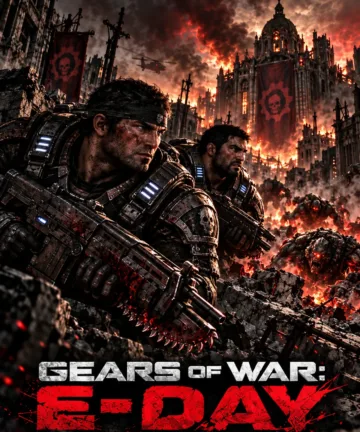 Gears of War E-Day banner featuring Marcus Fenix, Dom Santiago and the Locust invasion in war-torn Kalona.
