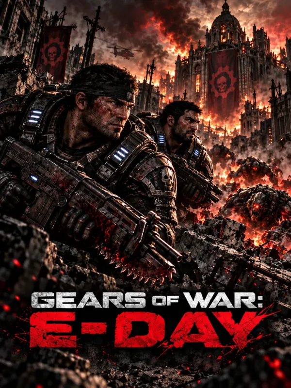 Gears of War E-Day banner featuring Marcus Fenix, Dom Santiago and the Locust invasion in war-torn Kalona.