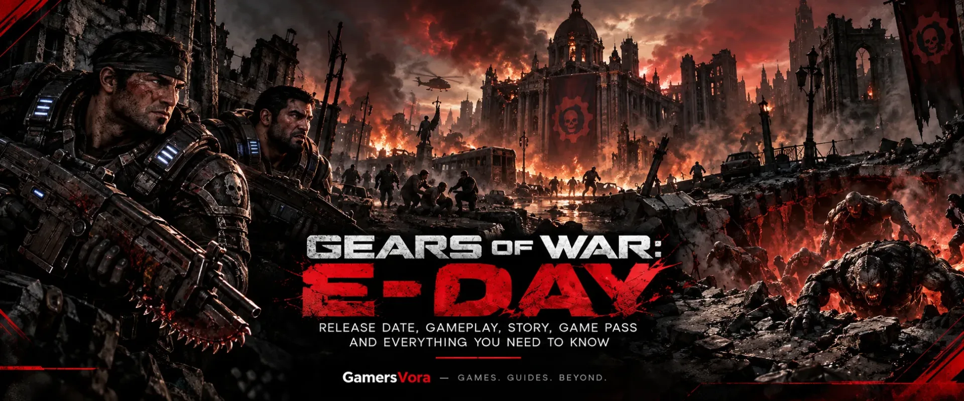 Gears of War E-Day banner showing Marcus and Dom during the Locust invasion in a destroyed city.