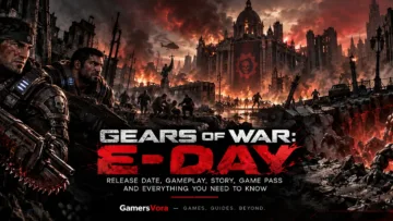 Gears of War E-Day banner showing Marcus and Dom during the Locust invasion in a destroyed city.