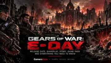 Gears of War E-Day banner showing Marcus and Dom during the Locust invasion in a destroyed city.