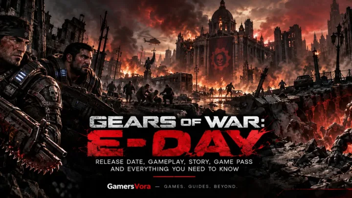 Gears of War E-Day banner showing Marcus and Dom during the Locust invasion in a destroyed city.