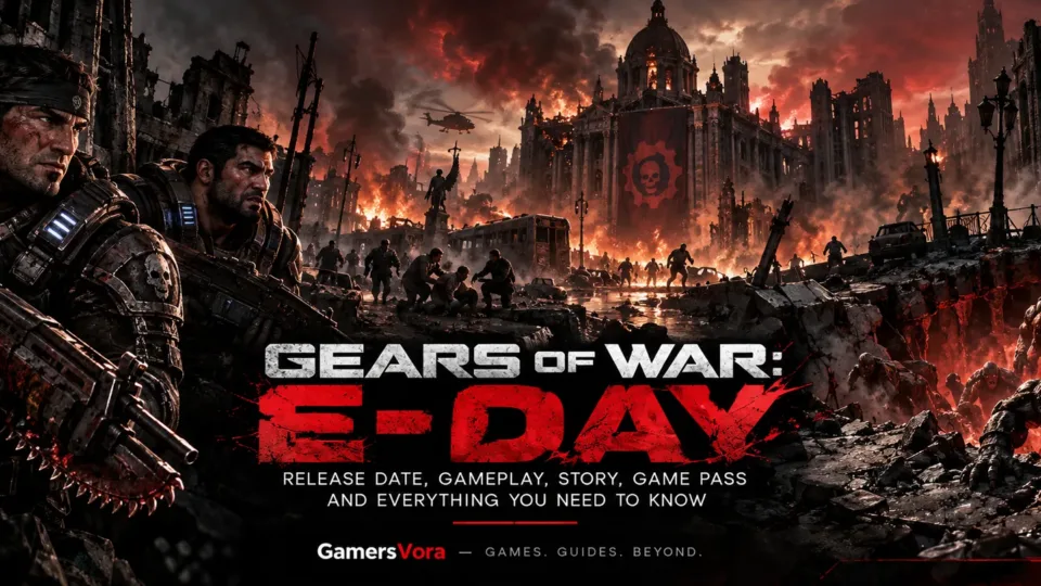 Gears of War E-Day banner showing Marcus and Dom during the Locust invasion in a destroyed city.