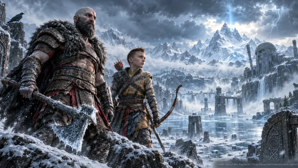 A powerful warrior inspired by Kratos stands in a snowy Norse landscape with an axe, dramatic mountains, and a cold cinematic atmosphere.