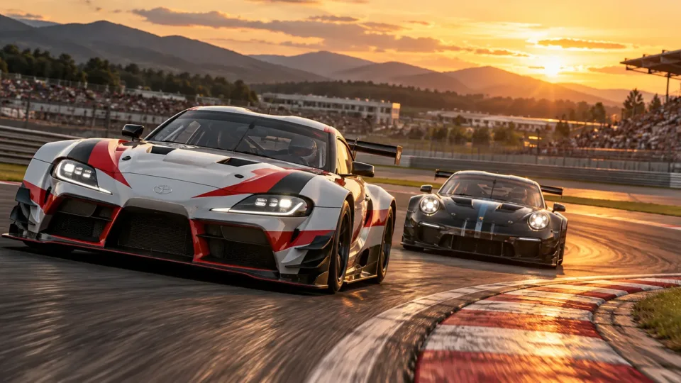Two high-performance racing cars competing around a circuit corner at sunset.