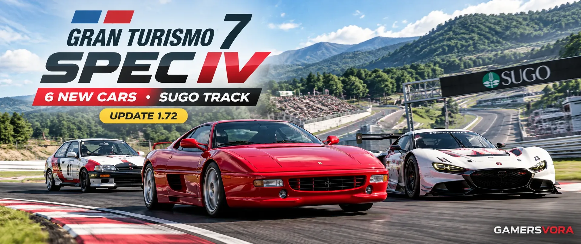 Gran Turismo 7 Spec IV update 1.72 featured banner highlighting six new cars and the SUGO racing circuit.