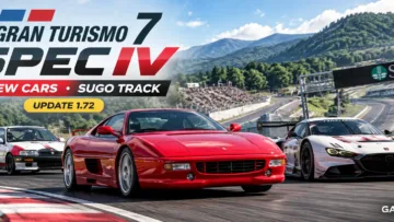 Gran Turismo 7 Spec IV update 1.72 featured banner highlighting six new cars and the SUGO racing circuit.