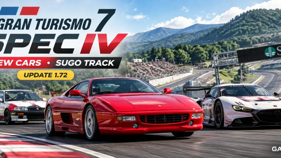 Gran Turismo 7 Spec IV update 1.72 featured banner highlighting six new cars and the SUGO racing circuit.