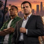 Michael, Franklin, and Trevor in front of the Los Santos skyline at sunset, alongside the GTA V logo.