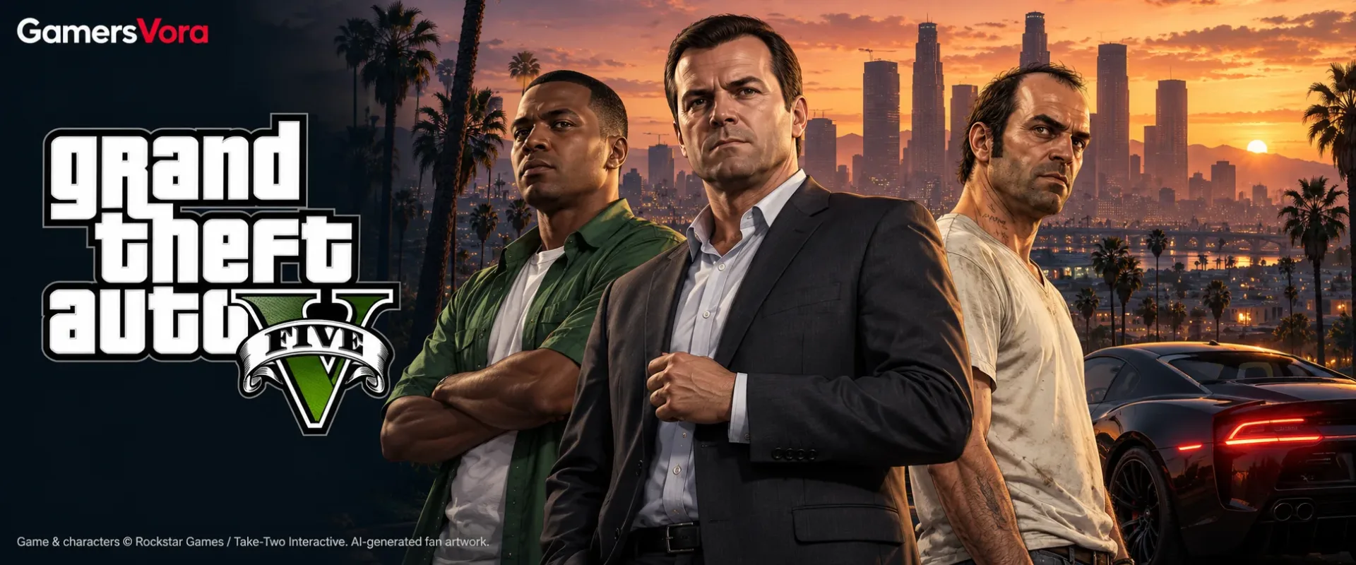 Michael, Franklin, and Trevor in front of the Los Santos skyline at sunset, alongside the GTA V logo.