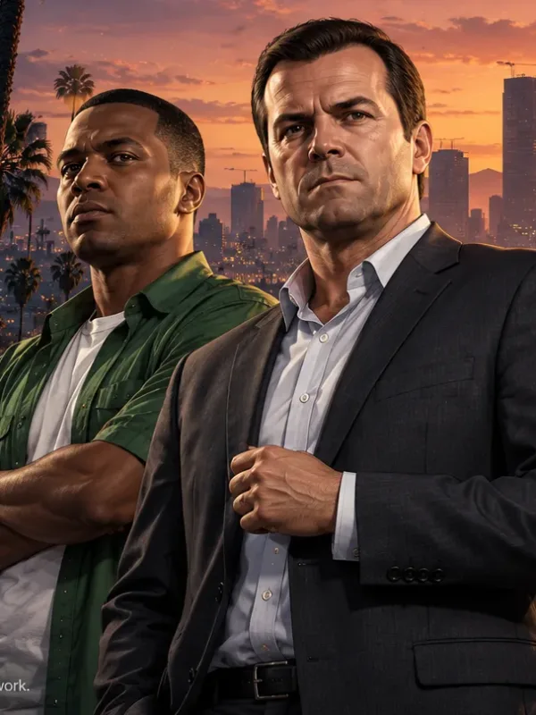 Michael, Franklin, and Trevor in front of the Los Santos skyline at sunset, alongside the GTA V logo.
