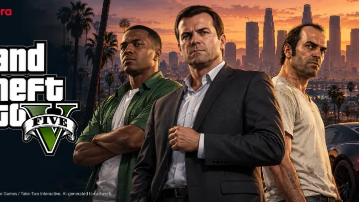 Michael, Franklin, and Trevor in front of the Los Santos skyline at sunset, alongside the GTA V logo.