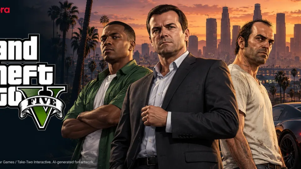 Michael, Franklin, and Trevor in front of the Los Santos skyline at sunset, alongside the GTA V logo.