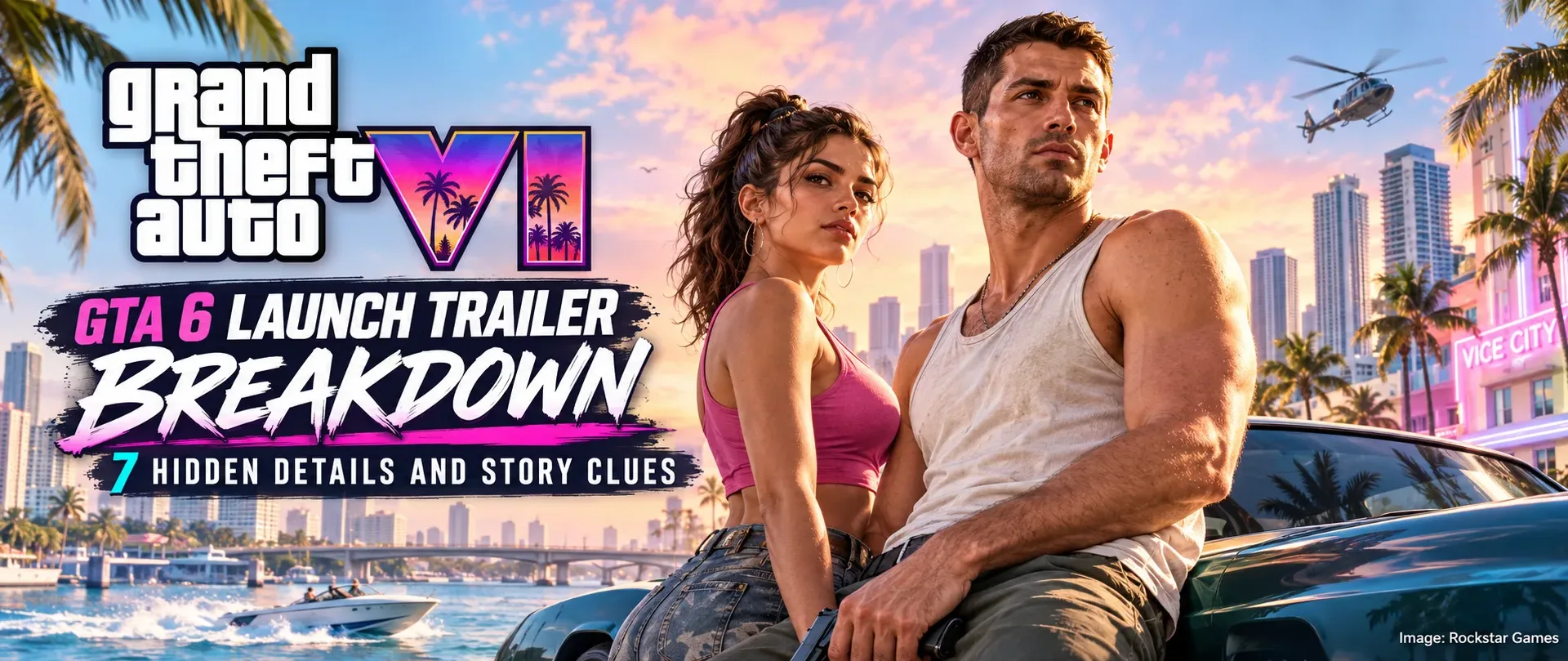 GTA 6 launch trailer breakdown featuring Jason and Lucia with a bright Vice City skyline and seven hidden story clues