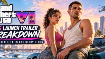 GTA 6 launch trailer breakdown featuring Jason and Lucia with a bright Vice City skyline and seven hidden story clues
