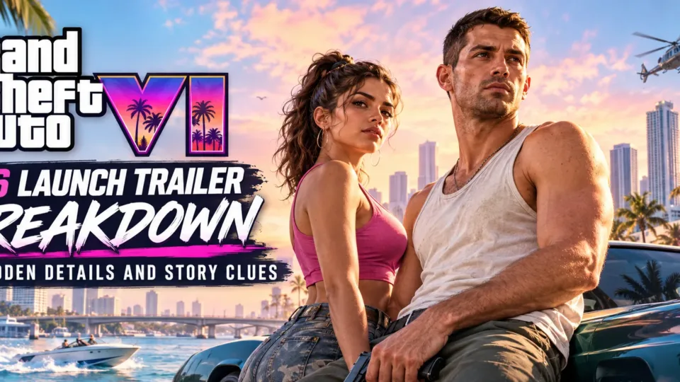 GTA 6 launch trailer breakdown featuring Jason and Lucia with a bright Vice City skyline and seven hidden story clues