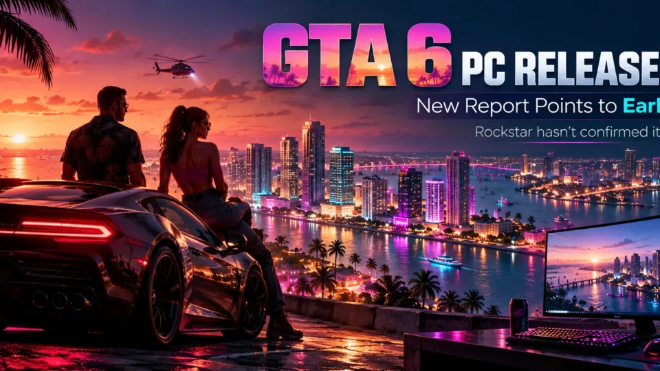 GTA 6 PC release date editorial banner showing a neon-lit Vice City-inspired skyline, sports car and gaming PC, highlighting an unconfirmed early 2027 launch report.