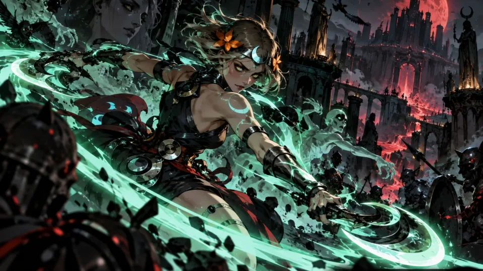 Hades II inspired warrior fighting through the Underworld with glowing magical weapons and supernatural enemies.