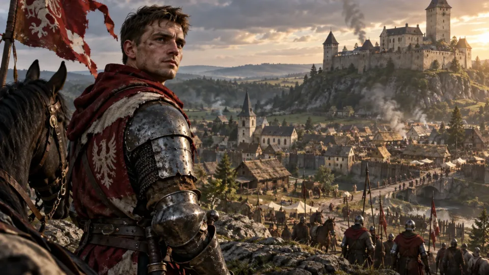 Kingdom Come Deliverance II inspired medieval warrior overlooking a Bohemian settlement, castle and gathering army.