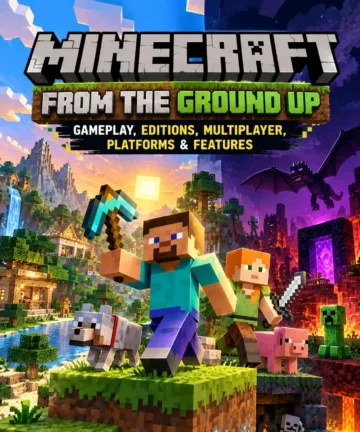 Minecraft thumbnail showing Steve, Alex, Overworld, Nether, mobs and multiplayer gameplay features.