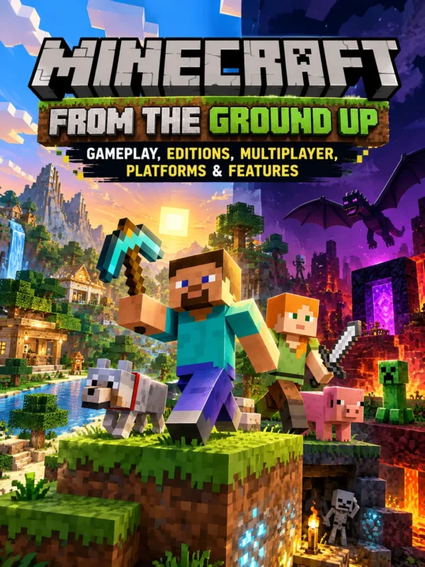Minecraft thumbnail showing Steve, Alex, Overworld, Nether, mobs and multiplayer gameplay features.