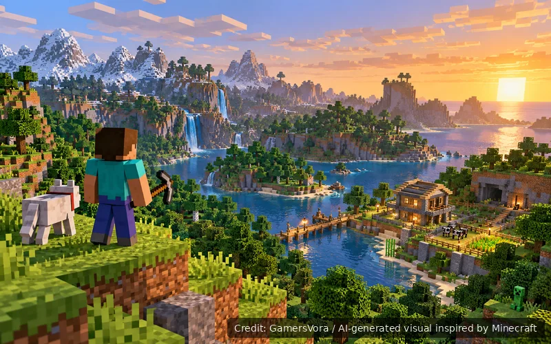 Minecraft-inspired landscape showing Steve overlooking a large biome with forests, mountains, water, a house and survival elements.