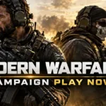 Two tactical soldiers against a golden city skyline with Modern Warfare 4 Campaign Play Now text.