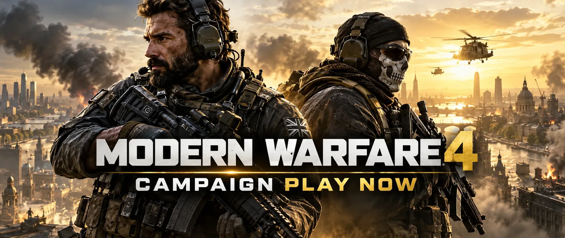 Two tactical soldiers against a golden city skyline with Modern Warfare 4 Campaign Play Now text.