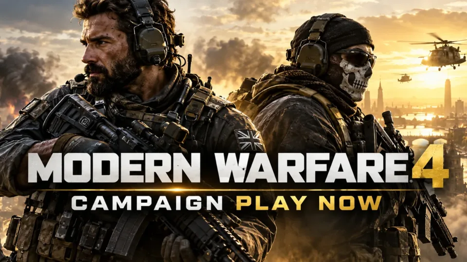Two tactical soldiers against a golden city skyline with Modern Warfare 4 Campaign Play Now text.