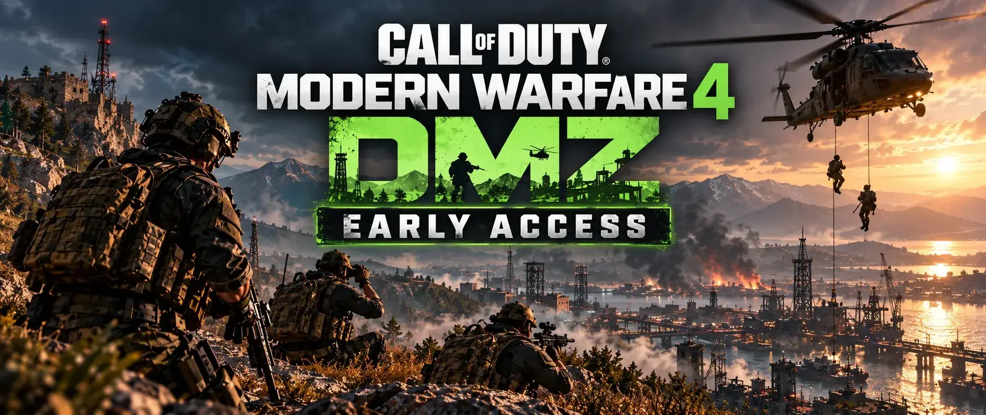 Modern Warfare 4 DMZ Early Access promotional banner showing armed soldiers, a military helicopter and an extraction zone.