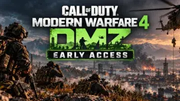 Modern Warfare 4 DMZ Early Access promotional banner showing armed soldiers, a military helicopter and an extraction zone.