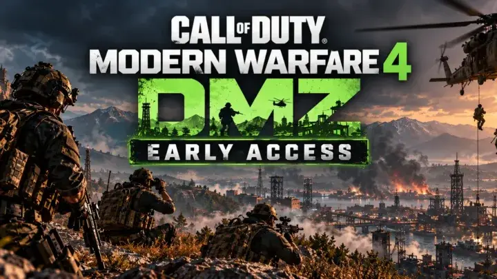 Modern Warfare 4 DMZ Early Access promotional banner showing armed soldiers, a military helicopter and an extraction zone.